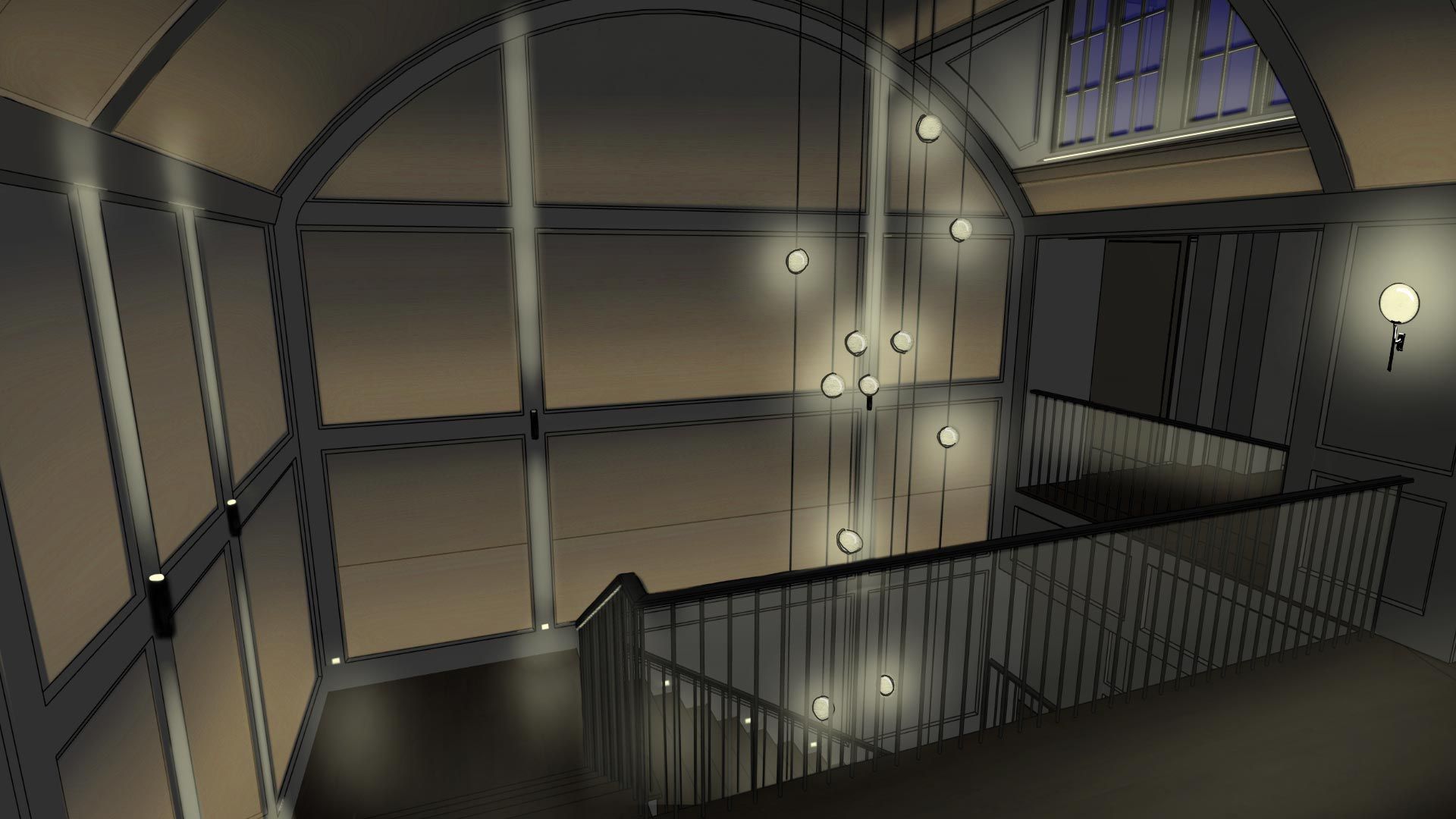 Staircase with modern sconces adding soft lighting.