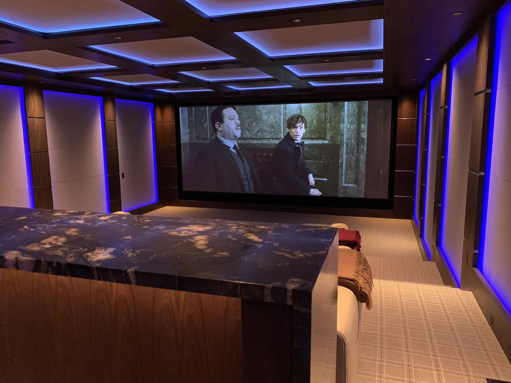 Home theater with dramatic, dim lighting.