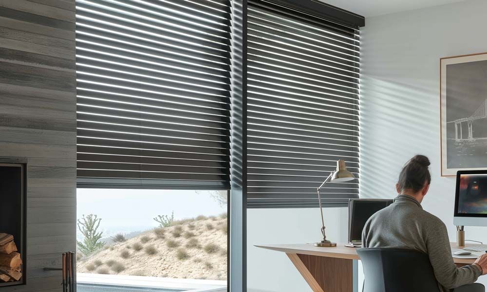 A minimalist living room with floor-to-ceiling windows and adjustable shades for light control.