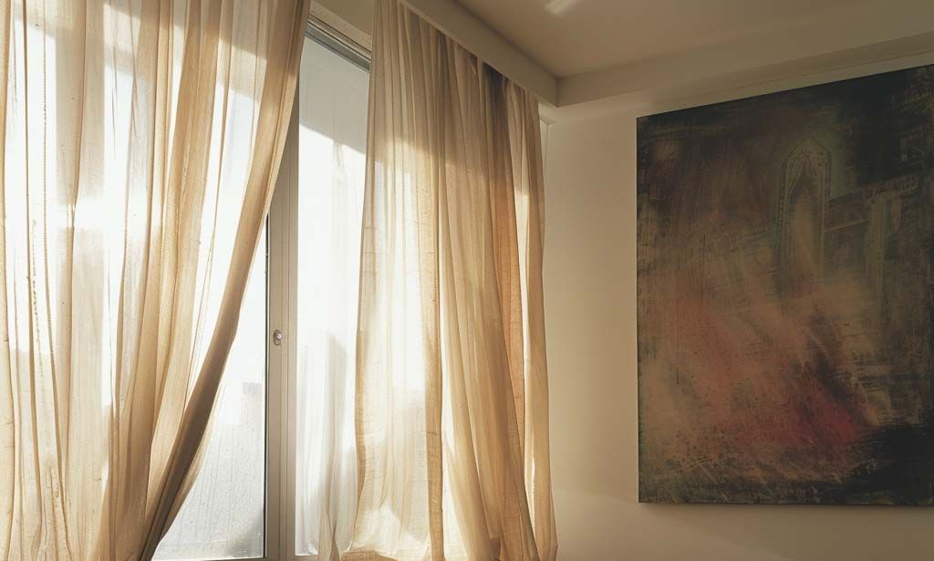 Window treatments designed to block UV rays in a sunny indoor setting.