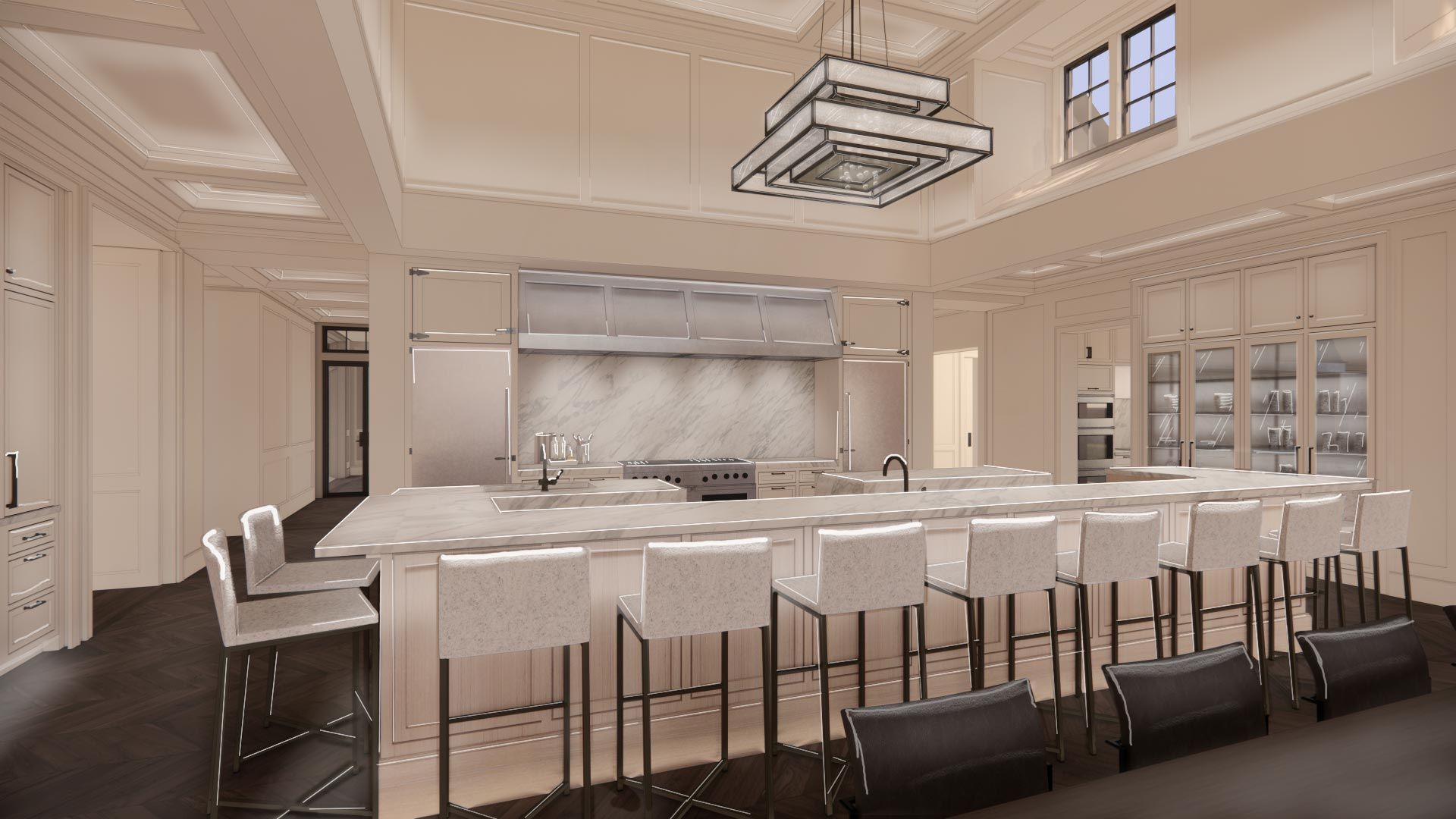 Kitchen with spotlights and linear island lighting.