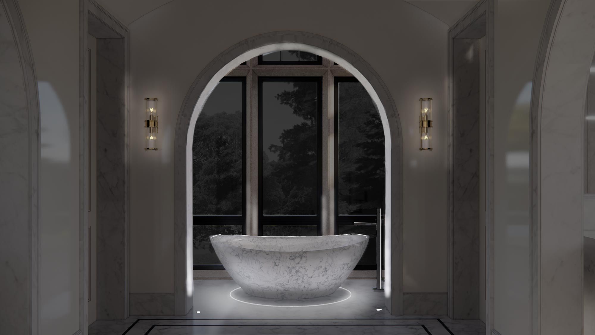 Freestanding bathtub with relaxing, soft lighting.