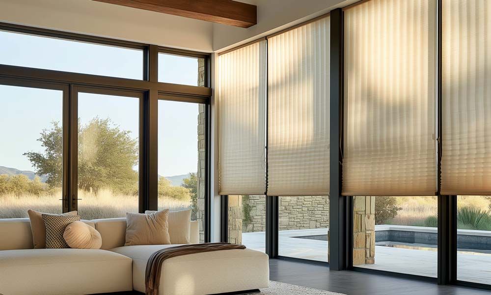 A study with pleated window shades filtering light, creating a comfortable workspace.