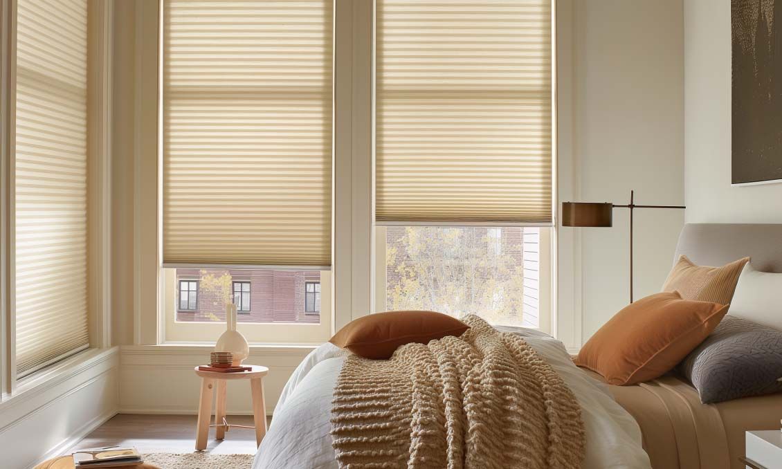 A serene bedroom with beige honeycomb shades, providing insulation and privacy.