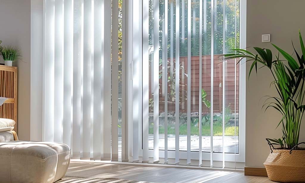 Vertical blinds in a bright living space, offering privacy and a view of the outdoors.