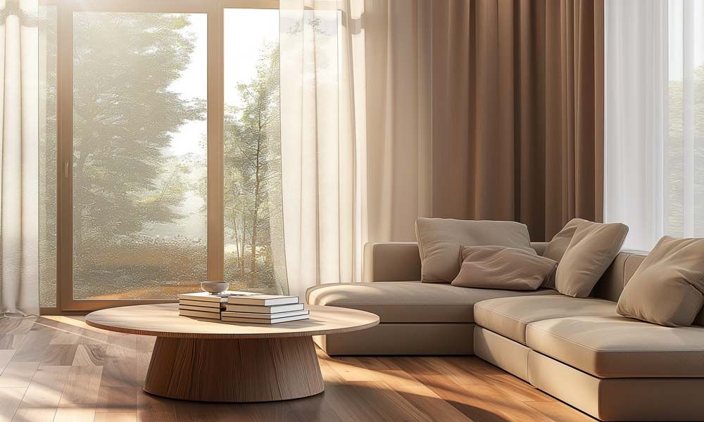 Sheer curtains softly diffusing sunlight in a contemporary living room.