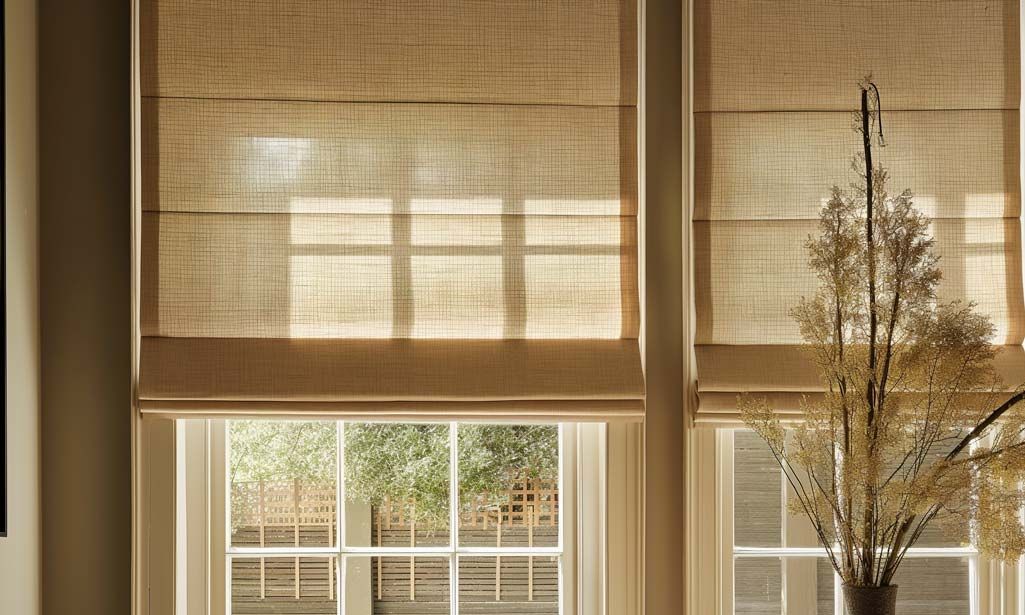 Beige Roman blinds partially drawn, filtering sunlight into a traditional room.