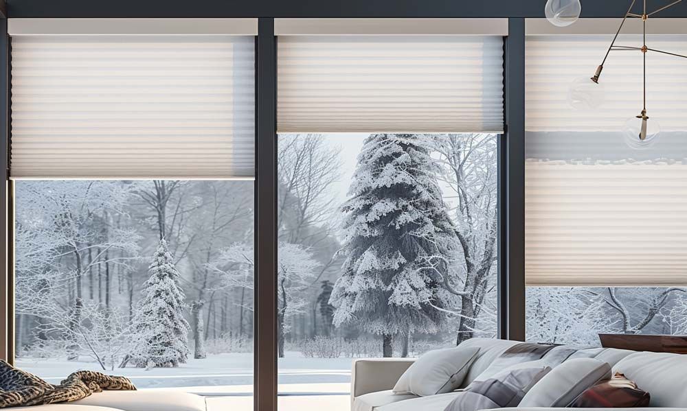 A cozy living room with snowy outdoor scenery visible through insulated windows and shades.