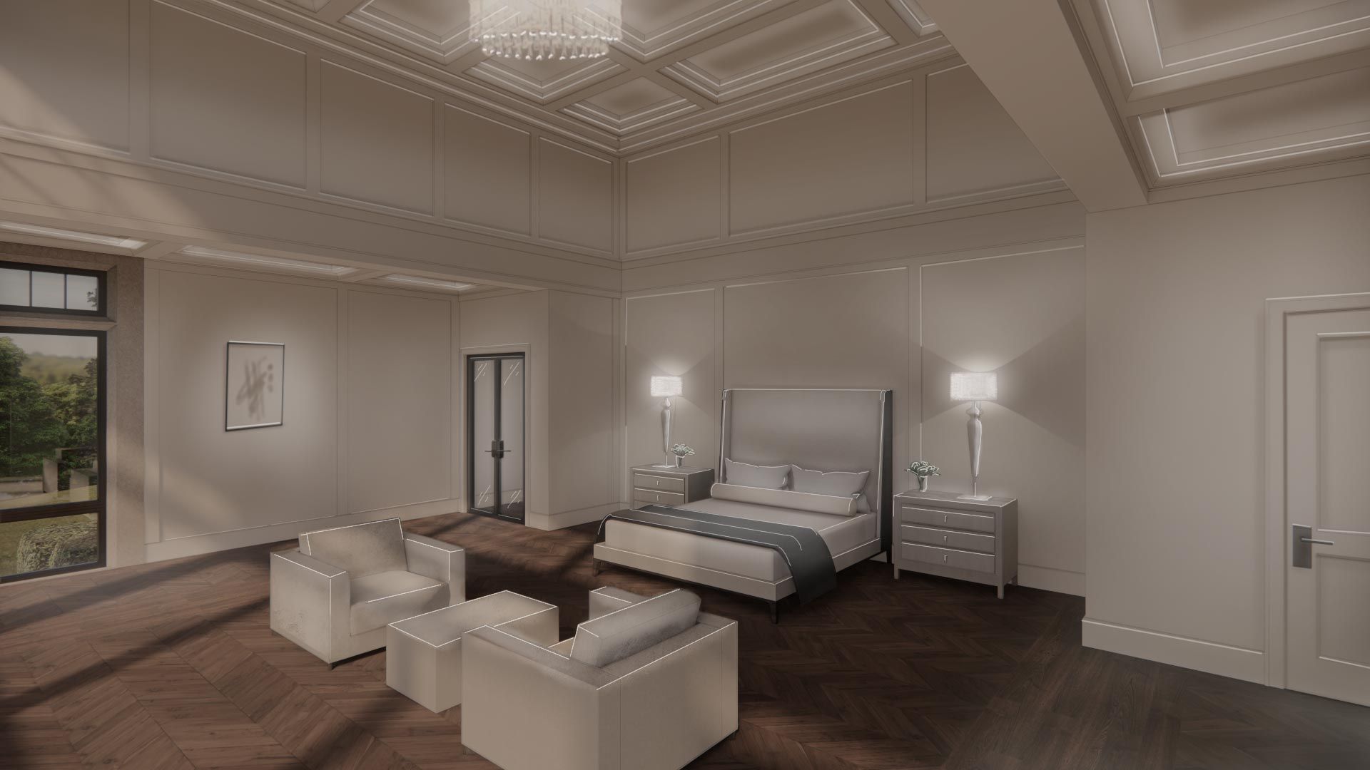 Master suite with coffered ceiling and ambient lights.