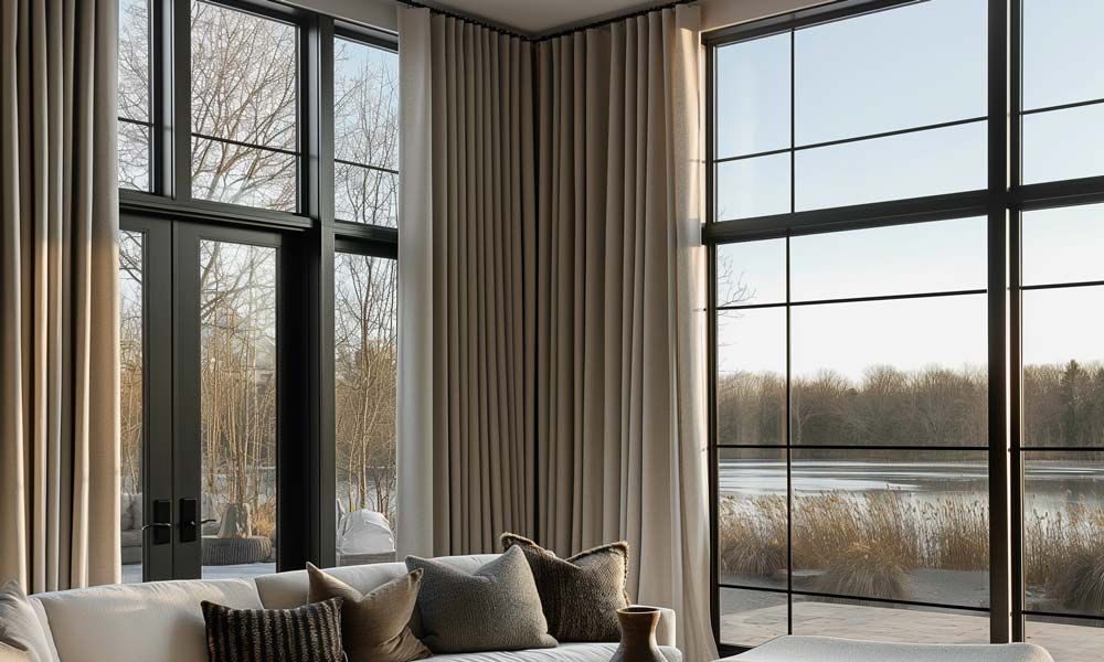 Floor-to-ceiling thermal drapes in a spacious room with views of a serene outdoor scene.